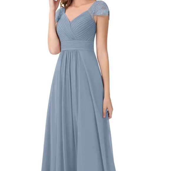 AZAZIE *ADALYN* A-Line Lace Chiffon Floor-Length Dress Dusty Blue *Size A12* - Picture 1 of 11